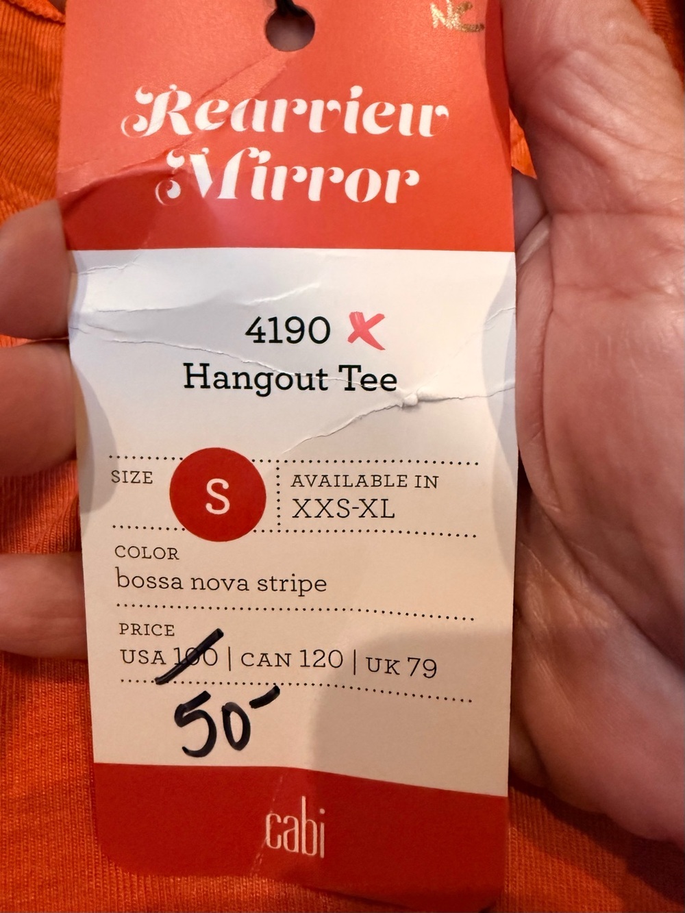 Cabi Rearview Mirror Hangout Tee Orange Gray High Low Top Sz S NWT. Fall Autumn - Picture 3 of 13